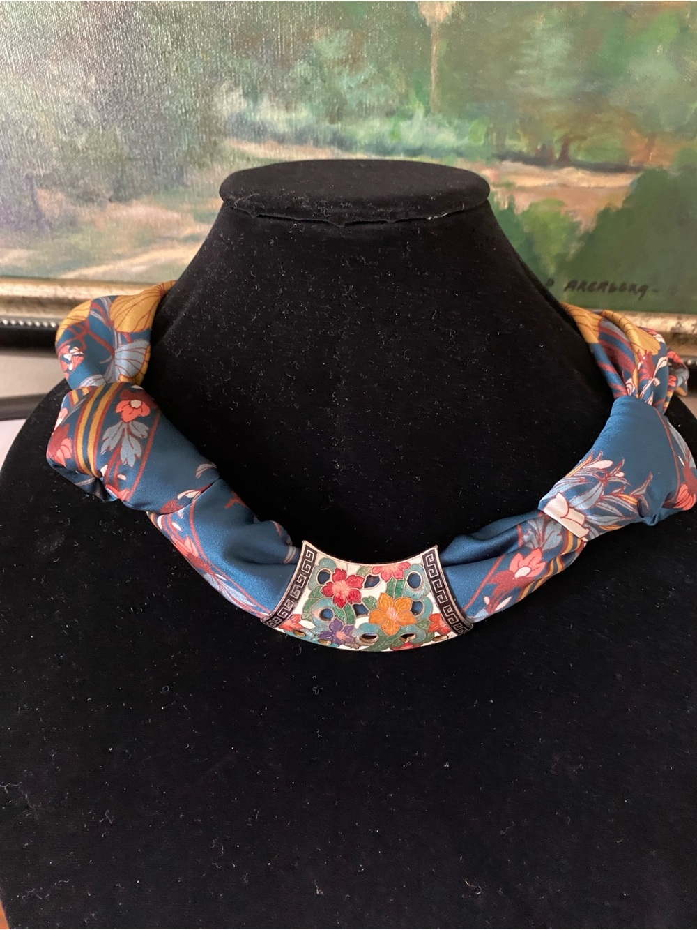 New scarf with cloisonné slide pendant. Gorgeous!